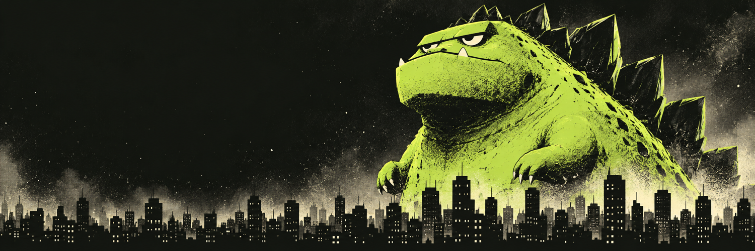 A giant, unbothered lime-green Stillzilla stands motionless above a dark city.
